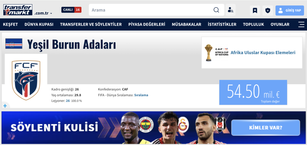 Arjantin uçurumdan döndü: Yeşil Burun Adaları’nın tarihi direnişi uzatmada kendi kalesine golle bitti 5 26 futbolcudan oluşan Yeşil Burun Adalarının takım kadrosunun toplam değeri 54 milyon euro